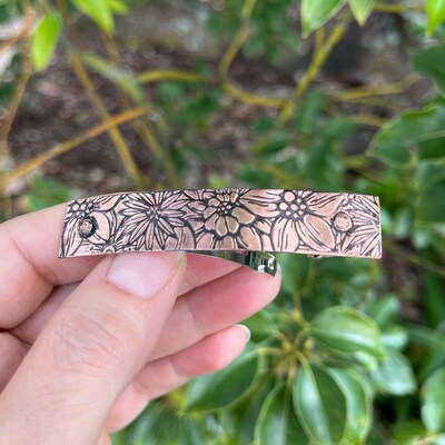 Small Copper Hair Clip with Patina'd Flower Design, Metalsmith Handcrafted and Hand-Riveted Gift for Long Hair - image1